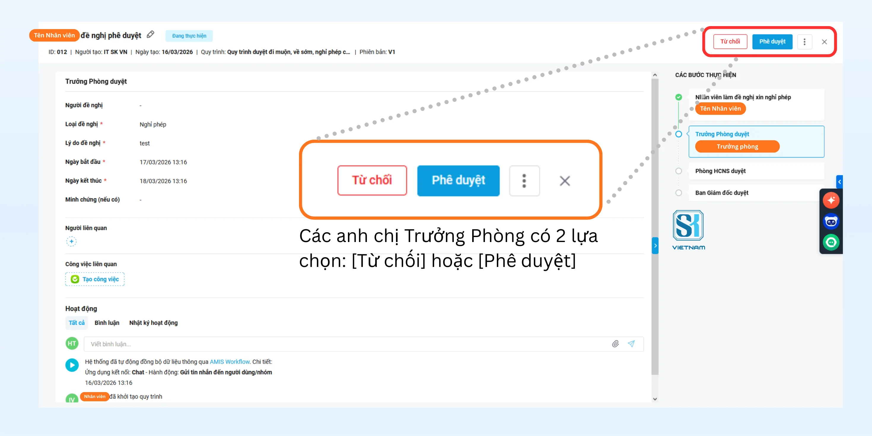 SK VIỆT NAM - Chuyển đổi số - Giao diện duyệt đơn nghỉ cấp trưởng phòng