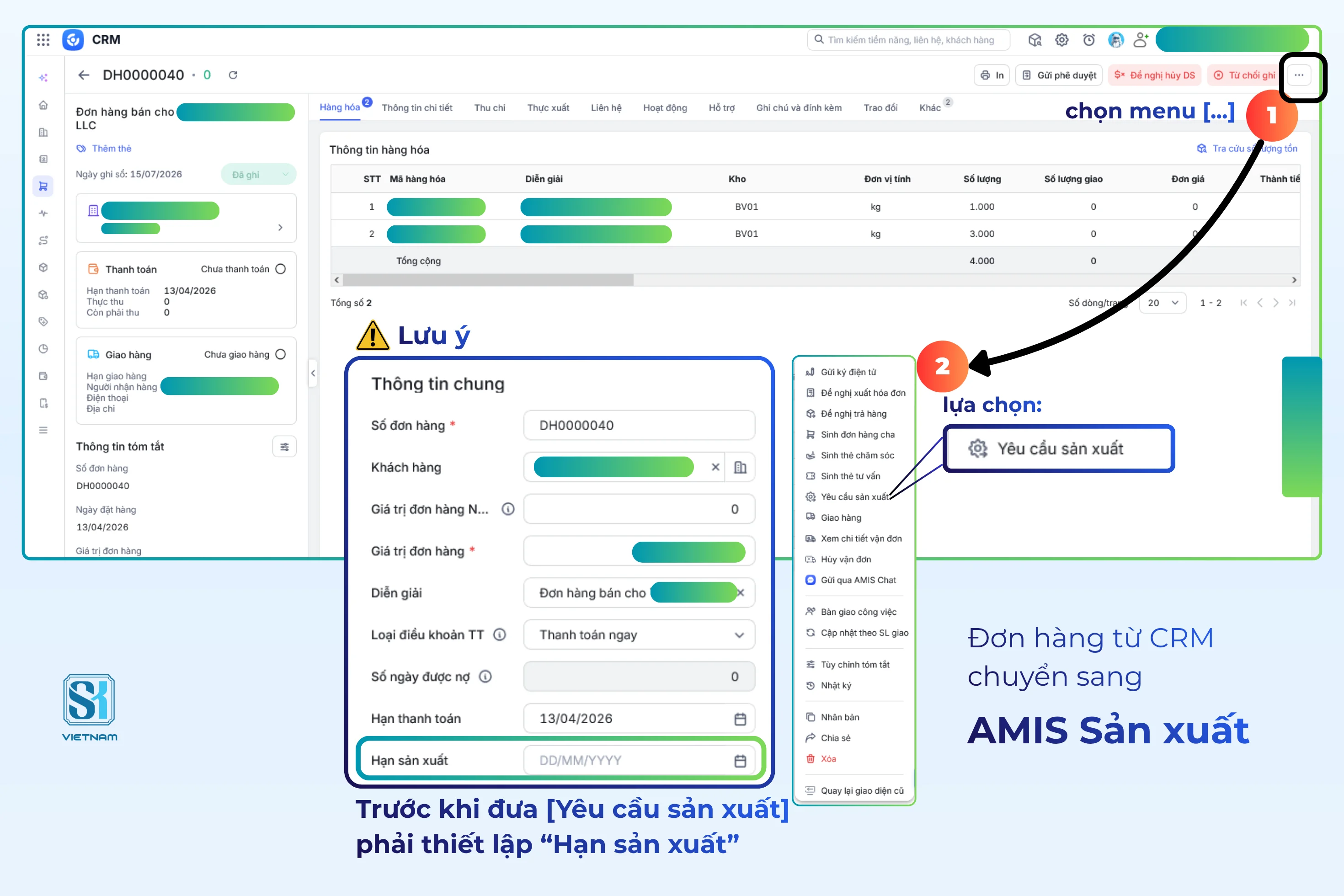 SK VIỆT NAM - Chuyển đổi số - Chuyển đơn hàng từ CRM sang AMIS Sản xuất